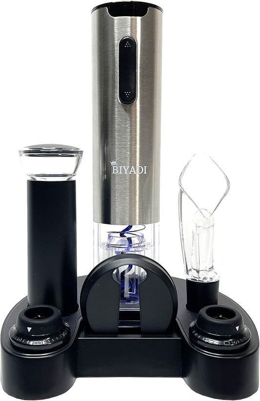 Electric Wine Opener Set with 6-in-1 Accessories, Automatic Corkscrew, Foil Cutter, Pourer, Vacuum Pump, 2 Stoppers, Charging Stand
