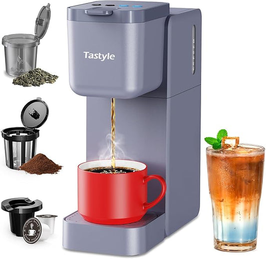 Tastyle Single Serve Coffee Maker for K Cup, Ground and Tea, Hot and Iced Coffee Machines with Bold Setting, 6 to 16 Oz Brew Sizes, Compact for Small Spaces, Gray (2.0 Version)