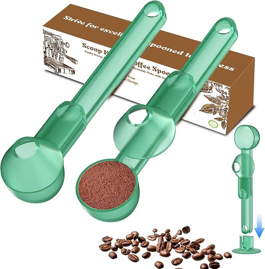 Coffee Scoop with Funnel for Ground Coffee, Protein Powder & Tea, for Reusable K Cup Refiller, 2TBSP Mess-Free, Funnel Design Prevents Spills (Translucent Green, 2-Pack)