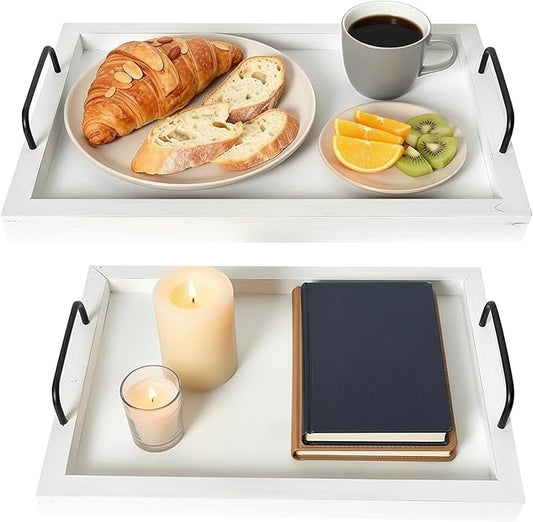 Besti Rustic Vintage Food Serving Trays (Set of 2) | Nesting Wooden Board with Handles | Stylish Farmhouse Decor Serving Platters | Large: 15 x2 x11” - Small: 13 x2 x9” inches (Rustic Off White)