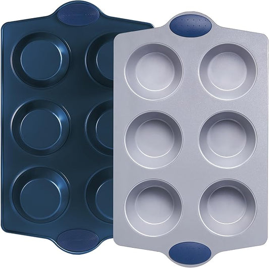 BRONYPRO 2-Pack 6-Cup Non Toxic Nonstick Ceramic Jumbo Muffin Pan & Cupcake Tin, PFOA & PFOA Free, Rust-Resistant Aluminized Steel, Oven Safe, Blue