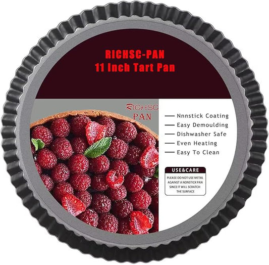 RICHSC-PAN Tart Pan 11 Inch Tart Pan Carbon Steel Round Non-Stick Pan Quiche Pan with Removable Chassis for Mousse Cakes, Kitchen Reusable Baking Tool with A Depth of 1.18 Inches.