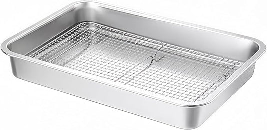 Stainless Steel Sturdy Roasting Pan with Cooling Rack – Oven, Toaster & Grill Safe, Deep Edge, Smooth Finish, Dishwasher Safe – Perfect for Turkey, Chicken, BBQ (17.5x13.6x2.8in)