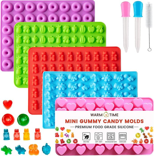 WARM TIME Gummy Bear Candy Molds Silicone, Mini Gummy Molds with 2 Droppers & 1 Cleaning Brush, Food Grade Non-Stick Silicone Molds Including Heart, Dinosaur, Bear, Donut, and Fruit, Set of 5