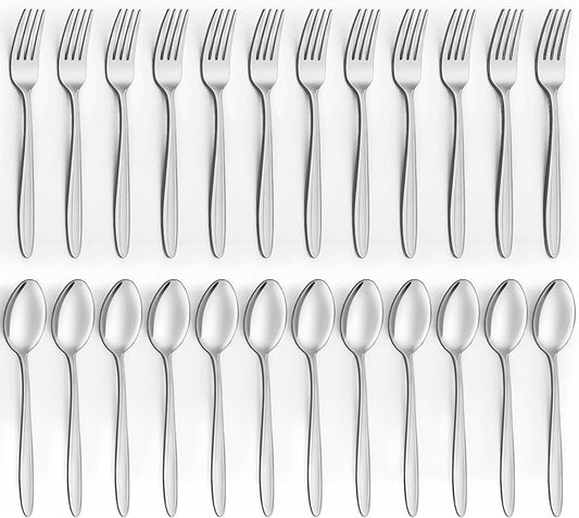 Unokit 24-Piece Forks and Spoons Set - Forks and Spoons Food Grade Stainless Steel Silverware for Home, Kitchen and Restaurant, 12-Fork and 12-Spoon, Mirror Polished&Dishwasher Safe