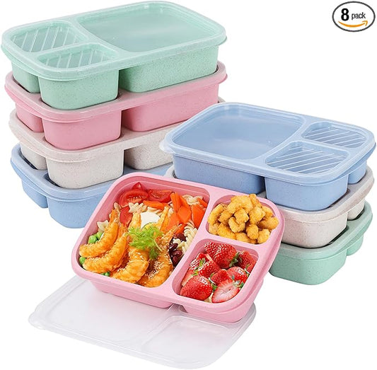 buluker 8 Pack Bento Lunch Box Set 3 Compartment Wheat Straw Meal Prep Food Storage Containers Plastic, Microwave and Dishwasher Safe(light colour)