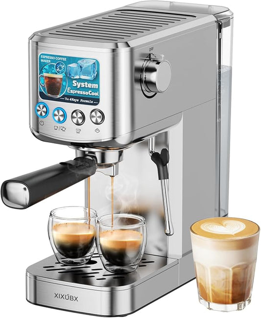XIXUBX Espresso Machine 20 Bar with Milk Frother, Stainless Steel Coffee Maker with 42 oz Removable Water Tank for Cappuccino, Latte&Cold Brew, Home&Office, Silver