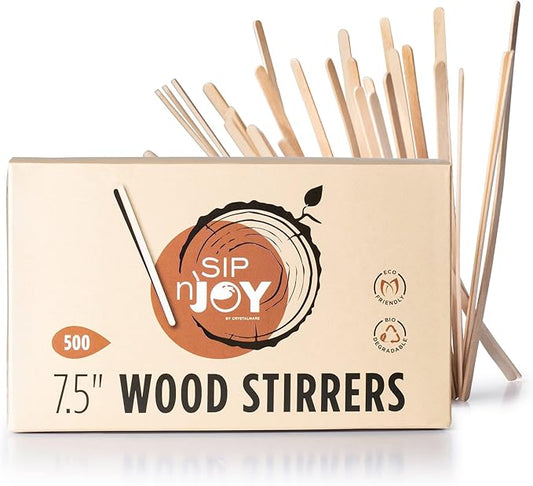 Wood Coffee Stirrers Stir Sticks - 500 Biodegradable Disposable Wooden Beverage Mixer with Round Ends, Made with Natural Birch Wood, Eco-Friendly BPA Free Swizzle Drinks Sticks (7.5 Inch 500 Count)