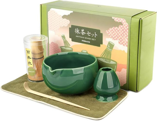 Matcha Whisk Set – Ceramic Matcha Set with Matcha Bowl, Matcha Whisk & Holder, Bamboo Scoop, Tea Towel – 5-Piece Japanese Matcha Kit for Matcha Lovers, Beginners & Gifting (Green, 17oz)