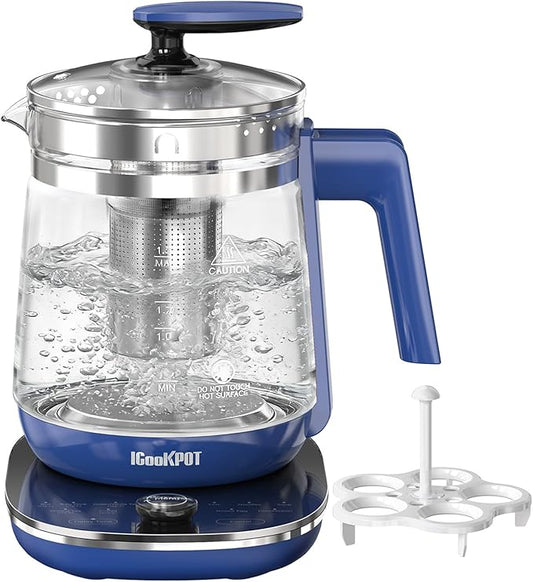 1200w Electric Kettle, 1.5L Borosilicate Glass tea kettle, Hot water kettle electric for Coffee or Tea, BPA Free, Auto Shut-Off, Stainless Steel, Fast Boil, Blue
