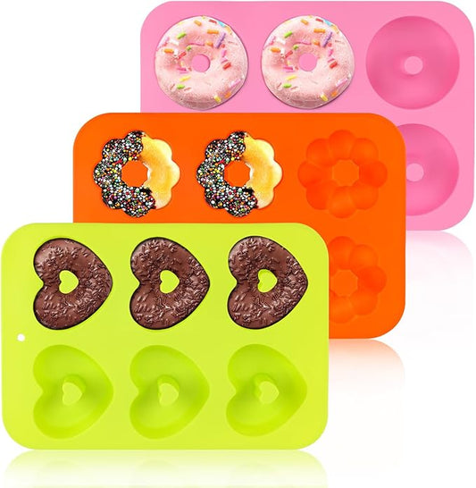 3 Pack Silicone Donut Pan, Non-stick Doughnut Molds for Baking, 6 Cavity Donut Maker Muffin Cupcake Bagel Making Tray (Pink, Orange, Green)
