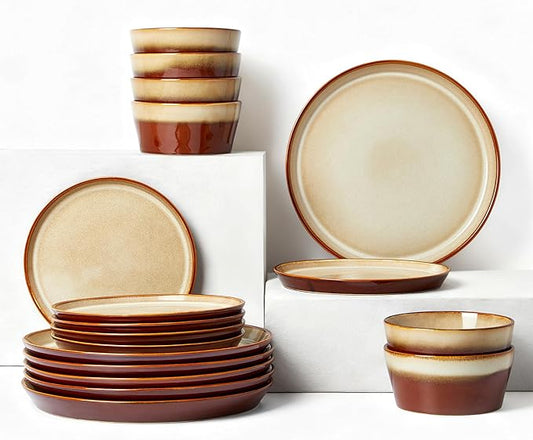 Pokini Dinnerware Set for 6, Ceramic Dish Sets, Plate and Bowl Set, Microwave & Dishwasher Safe Dishware Set, Chip & Scratch Resistant Dinner Set, Each Piece Unique, Amber Brown