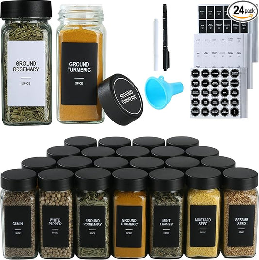 24 Glass Spice Jars with Labels, Spice Jar Set, 4oz Spice Containers, Seasoning Containers with Black Airtight Lids and Shaker Lids, Square Empty Spice Bottles, 492 Labels, 1 Funnel