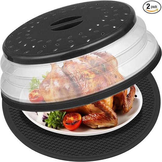 12" Microwave food Cover & Mat,Large Vented Collapsible Splatter Guard dish Plate lid & Silicone Round Kitchen mat