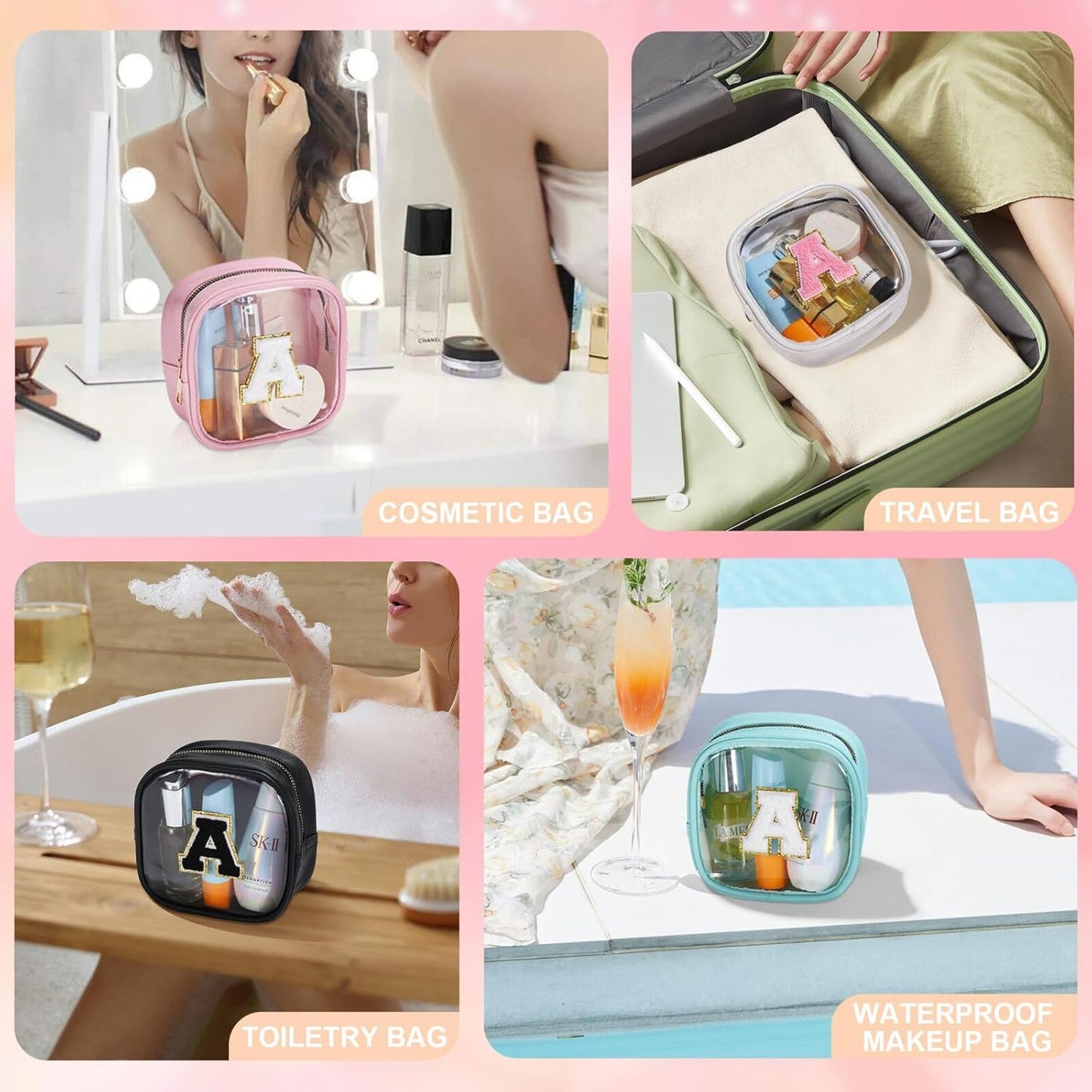 YOOLIFE Initial Make Up Bag Travel Toiletry Bag, Clear Makeup Bag Preppy Cosmetic Bags Organizer Travel Essentials Gifts for Women Teen Girlfriend Teacher Mom Birthday Mothers Day Gifts Mini Blue G