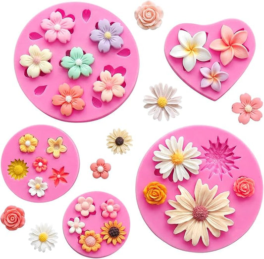 5 Pcs Flower Fondant Molds Flower Rose Daisy Silicone Chocolate Mold for Candy Fondant Polymer Clay Soap Ice Cube Crafting and Cake Cupcake Decoration