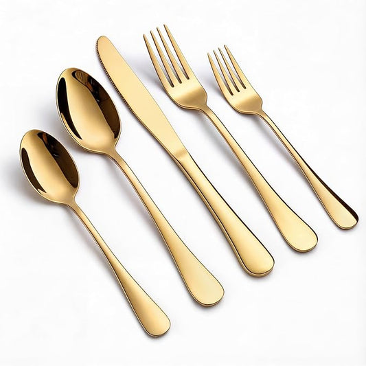 Gold Silverware Set, LIANYU 20 Piece Stainless Steel Flatware Cutlery Set for 4, Gold Mirror Finish, Ideal for Home Wedding Festival Party, Dishwasher Safe
