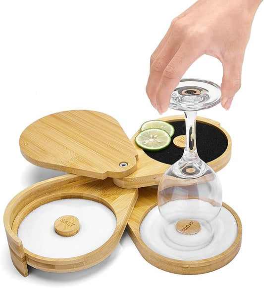 Margarita Salt Rimmer Set,1 Pack 3 Tier Bar Glass Rimmer Bamboo Wood Sugar Salt Box with Sponge,Bartender Tool for Cocktail and Margarita