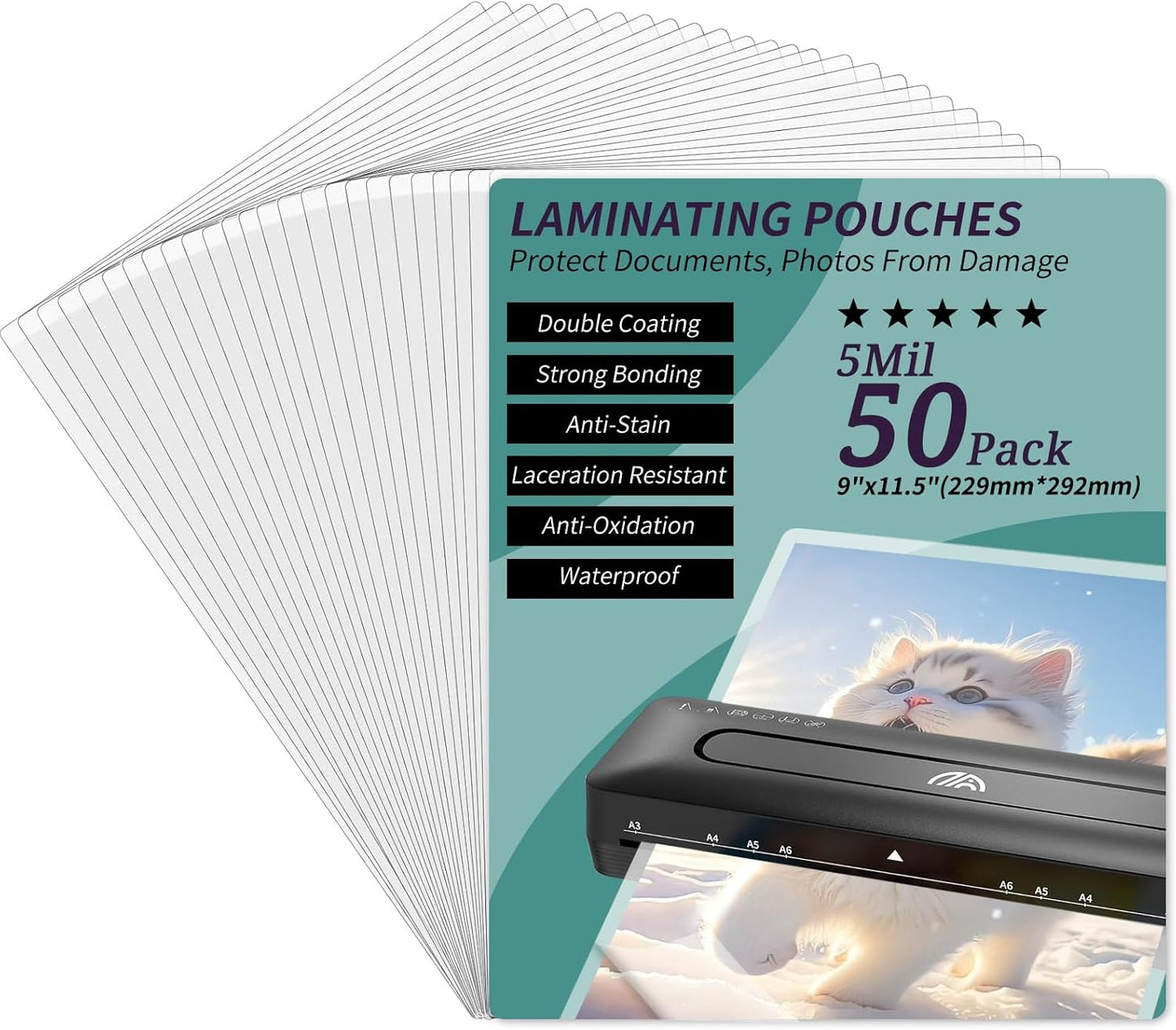 Laminating Sheets - 5Mil Thermal Laminating Pouches, 9"x11.5" Clear Laminate Sheets for Schedules, Menus, Certificates, Art Drawings, Round Corner, 50 Pack