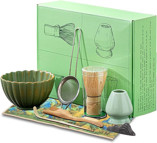 8PCS Matcha Whisk Set - Matcha Set Ceramic Whisk and Bowl, Japanese Buucup Matcha Set with Bamboo Whisk, Sifter, Scoop, Holder & Tea Towel for Traditional Matcha Ceremony (Green)
