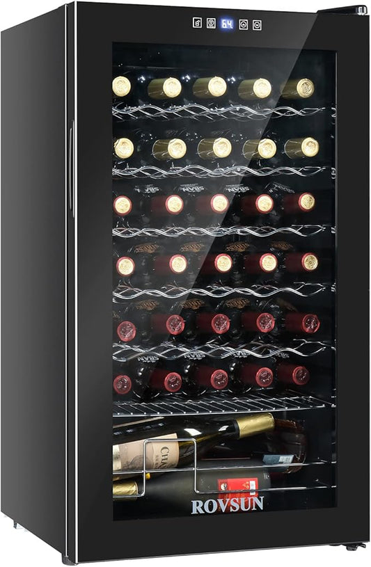 ROVSUN 34 Bottle Wine Cooler Refrigerator, Freestanding Compressor Wine Chiller, Beverage Wine Fridge with Digital Temperature Control & Double-layer Glass Door for Red White Wine, Champagne, Beer