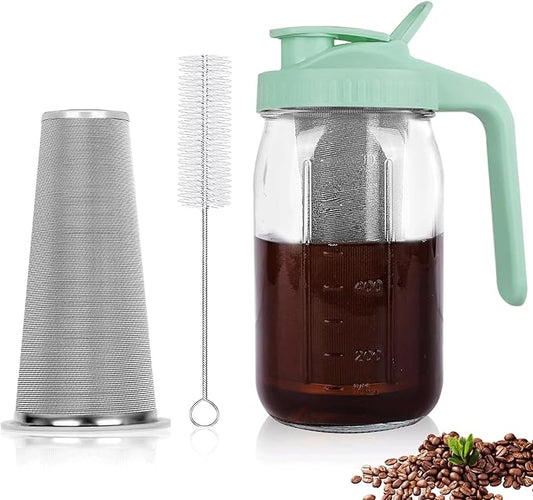 Cold Brew Coffee Maker,32 oz Mason Jar Pitcher with Stainless Steel Filter, Pour Spout Handle Lid, Heavy Duty Glass Airtight & Leak-Proof for Iced Coffee Tea Breastmilk Lemonade-Green