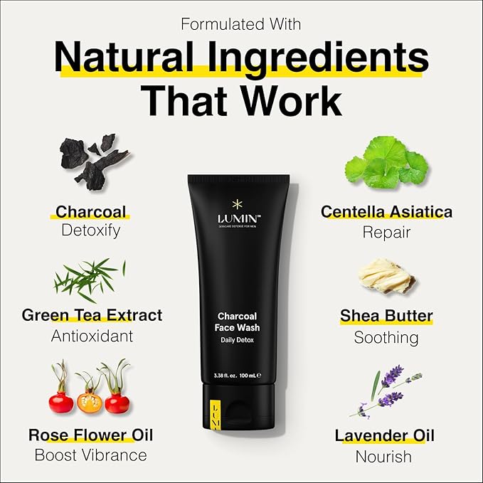 Lumin 4 Piece Men Skincare Set with Charcoal Face Wash, Deep Scrub, Daily Moisturizer & Dark Circle Defense Balm, Helps Detoxing & Hydrating, for All Skin Types