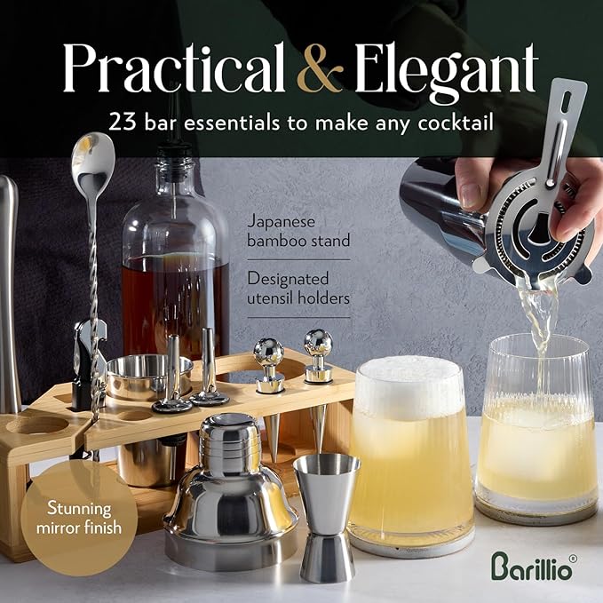 Barillio Bartender Kit - Stainless-Steel Cocktail Shaker Set w/Bamboo Stand - Mixology Bar Tools w/Drink Shaker, Mixer Spoon & Muddler for Cocktails - Home Bar Accessories - 23-Pc Bar Set - Silver