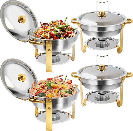 4.8 QT 4PC Chafing Dishes for Buffet with Lid, Round Chafing Dishes for Buffet, Catering Supplies Buffet Display, Serving Trays for Gatherings, Stainless Steel Food Wamer Server for Wedding (4)