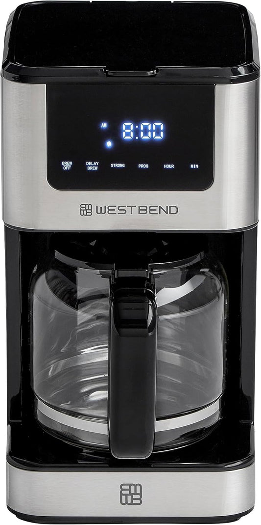 West Bend Drip Coffee Maker Brews Hot or Iced, Programmable with Brew Strength Selector Auto Shut-Off and 6 Functions Permanent Mesh Filter and Glass Carafe, 12-Cup, Metallic