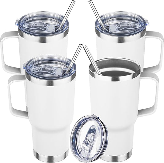 20 oz Tumbler with Handle Stainless Steel Insulated Coffee Mug Tumbler with Lid and Straw Double Wall Vacuum Insulated Coffee Mug Leak Proof Travel Mug for Hot and Cold Drink (White,4pack)