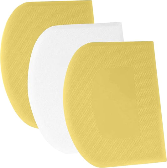 SURDOCA Dough Scraper Bench Scraper - 3P 9.5x6.1" Plastic Flexible Bowl Scraper, Sharp Edge & Angles Cake Scraper. Non-Slip Bakeware Decorating Tools Sculpting & Modeling Tools - Yellow+White+Yellow