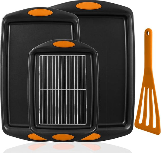 5-Piece Nonstick Baking Pans Set - Premium Carbon Steel Bakeware with PFOA/PFOS/PTFE-Free Coating, Red Silicone Handles (Black Orange)