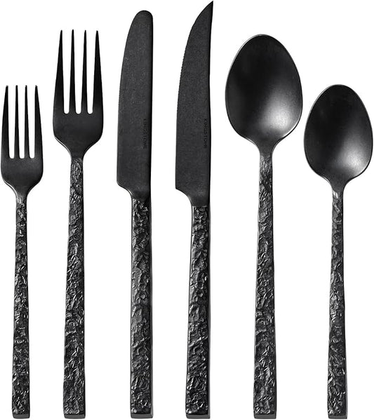KINGSTONE 36 Pcs Black Hammered Silverware Set with Steak Knives for 6, 18/10 Stainless Steel Heavy Duty Flatware Set, Tableware Cutlery Utensil Sets for Home Restaurant Dishwasher Safe