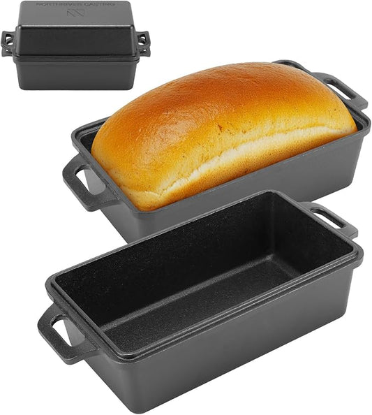 Northriver Casting 9×5 Inch Cast Iron Loaf Pan with Lid | Bread Baking Pan | Even Heat Distribution for Homemade Bread, Cake, and Meatloaf | 2 Piece Set