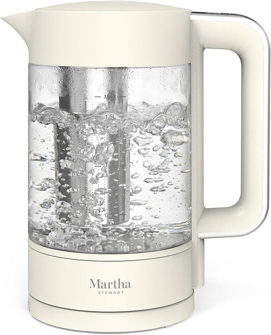 Martha Stewart  Electric Kettle with Removable Stainless Steel Tea Infuser, Glass Carafe 1.7L (7 Cups), Hot Water Boiler, 4 Presets, Keep Warm & Auto Shut-Off, Cordless 360° Swivel Base, Linen White