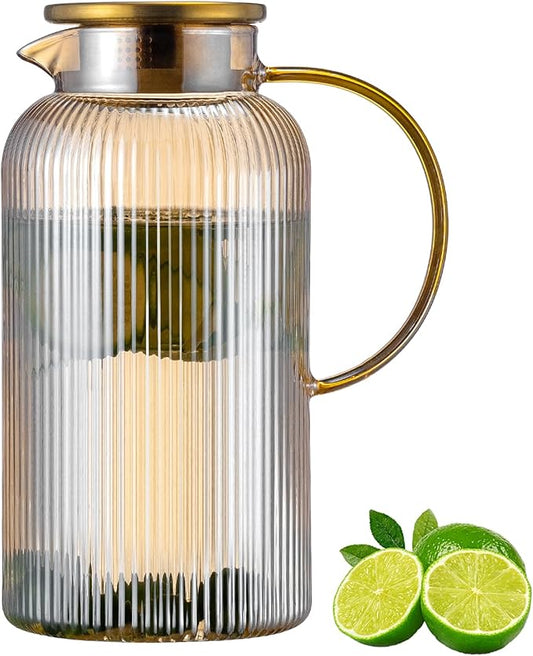 Buaic Glass Pitcher with Lid, 68 oz/ 2 Liter Amber Classic Vertical Stripes Water Pitcher,Glass Water Carafe for Cold Brew, Coffee, Lemonade, Iced Tea,Beverage, Heat Resistant Water Glass Jug