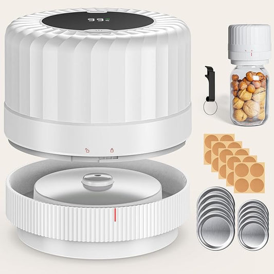HTPOW Electric Mason Jar Vacuum Sealer - Fully Automatic Mason Jar Vacuum Sealer Kit for All Mason Jars with Regular Lids and Wide Mouth Lids, A Must-Have Tool for Canned Foods/Pantry - White