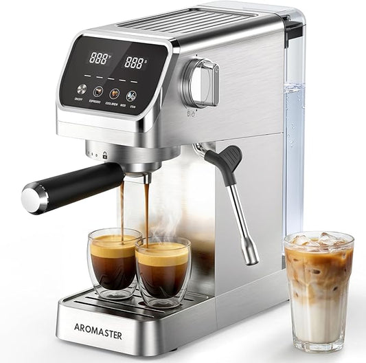 Aromaster Espresso Machine 20 Bar with Milk Frother, Easy to Use Compact Espresso Maker with Touchscreen, Fast Heat 1400W for Latte & Cappuccino, Stainless Steel Coffee Machine for Home & Office