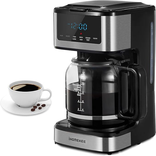 Ihomekee Coffee Maker, Programmable Drip Coffee Maker 12 Cup, Regular & Strong Brew Drip Coffee Machine with Iced Coffee Function for Home and Office, Black & Stainless Steel (Black,Silver)