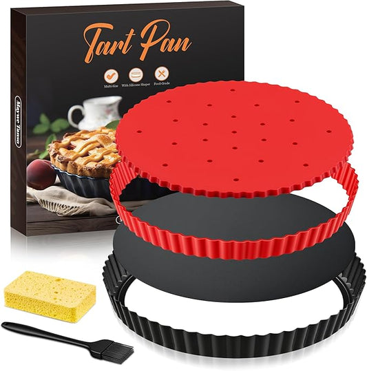 Tart Pan Kit,9 Inch Tart Pans with Removable Bottom,Non-stick Fluted Quiche Pan with Silicone Crust Shaper,Pie Weights,Brush,Sponges,Quiche Baking Dish Tart Molds For Baking Fruit Tarts,Pies & Quiches