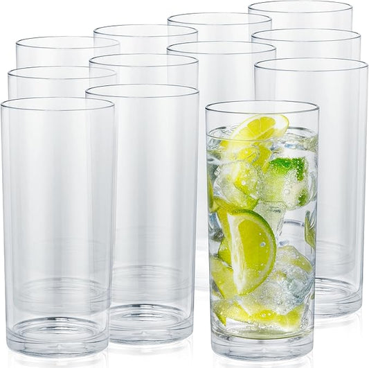 Zulay Kitchen Plastic Drinking Glasses (Set of 12) – 16oz Acrylic Shatterproof Water Cups for Home, Kitchen & Outdoors – Crystal Clear Glass Look – BPA & Lead-Free – Top-Rack Dishwasher Safe