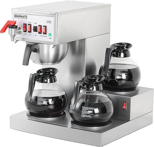 NUPANT 12 Cup Commercial Coffee Maker, Auto Filling Drip Coffee Maker Machine with 3 Glass Carafes 3 Warmers, Stainless Steel Pour Over Coffee Brewer with Hot Water Supply for Restaurant Office Cafe