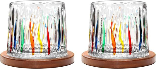 Rotatable Old Fashioned Glass Cup, 275ml/10oz Crystal Whiskey Glass Set of 2, Wood Coaster, Thickening, Used as Rum Glass Cup, Cocktail, Coffee, Milk to Relax and Reduce Stress, Christmas gifts