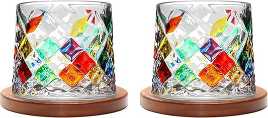 Rotatable Old Fashioned Glass Cup, 275ml/10oz Crystal Whiskey Glass Set of 2, Wood Coaster, Thickening, Used as Rum Glass, Cocktail, Coffee, Milk Cup to Relax and Reduce Stress