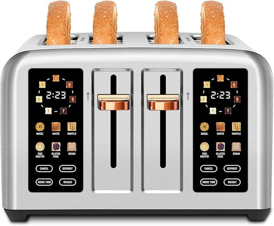 SEEDEEM Toaster 4 Slice, Stainless Steel, Touch Screen for Dual Control, Digital Timer, Smart Toaster with 6 Bread Type, 7 Shade Setting, 1.5''Wide Slot, Removable Crumb Tray, 1800W, Silver Metallic