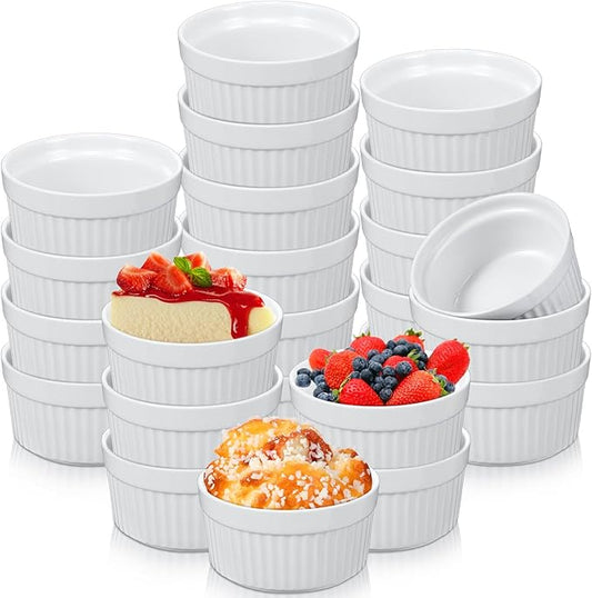 Xinnun 24 Pcs 6 oz Ramekins Creme Brulee Dishes Oven Safe Classic Porcelain Ramekins Set for Baking, Creme Brulee, Souffle, Appetizer, Custard, Pudding, Dipping Bowl