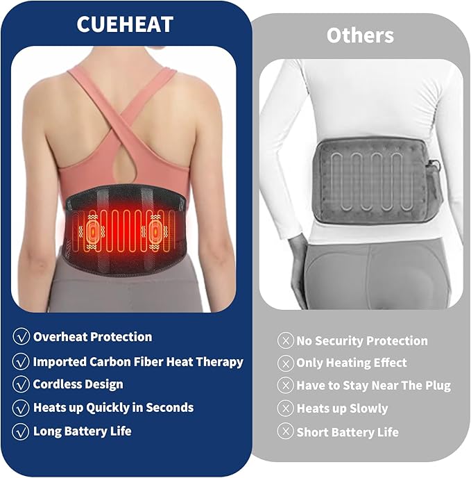 CUEHEAT Heated Waist Belt - Cordless Heating Pad for Low Back, Electrical Heating and Massage, Rechargeable Battery Powered (Black, 49 inches)