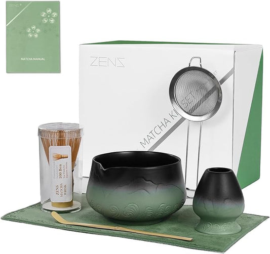 ZENS Matcha Whisk Set, Matcha Kit Set with Bowl and Bamboo Whisk, 304 Sifter, Scoop, (Chasen Holder) -Tea Mat, 6pcs Matcha Set for Latte-Making, Sage Green