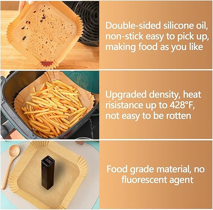 Large Air Fryer Disposable Paper Liners Nonstick 23cm Oven Airfryer Parchment Baking Paper ，Compatible For Ninja，Compatible For COSORI ，Grill Cooking Basket(20cm square,200 Pcs)